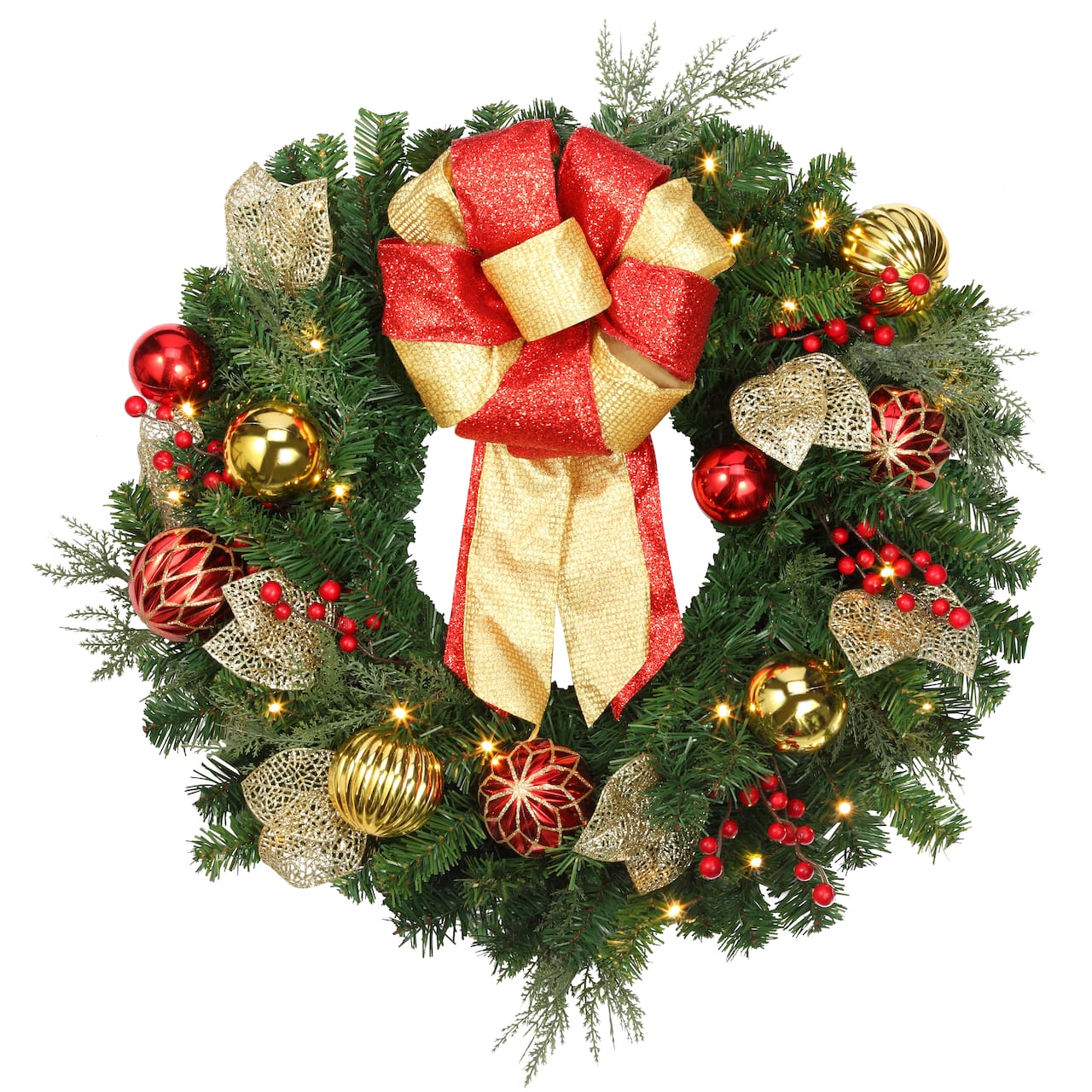 24" Pre-Lit Madison Gold Leaves & Ornaments Wreath